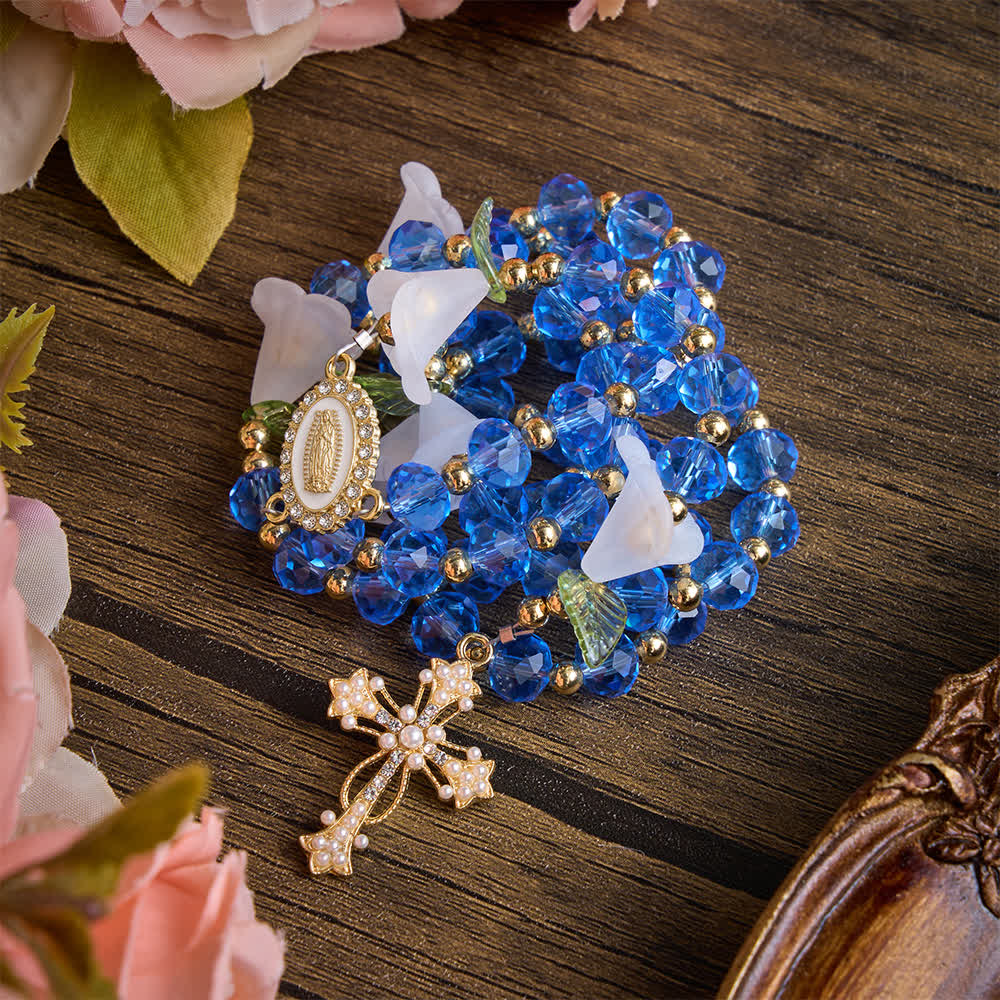 Translucent Blue Glass Lily Rosary With Pearl‑Adorned Cross: Emblem Of Pure Heavenly Serenity
