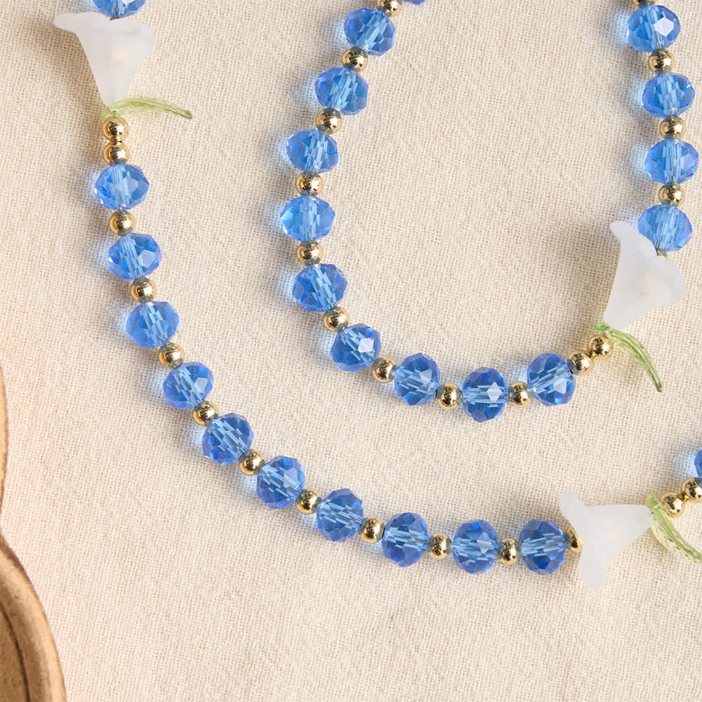 Translucent Blue Glass Lily Rosary With Pearl‑Adorned Cross: Emblem Of Pure Heavenly Serenity