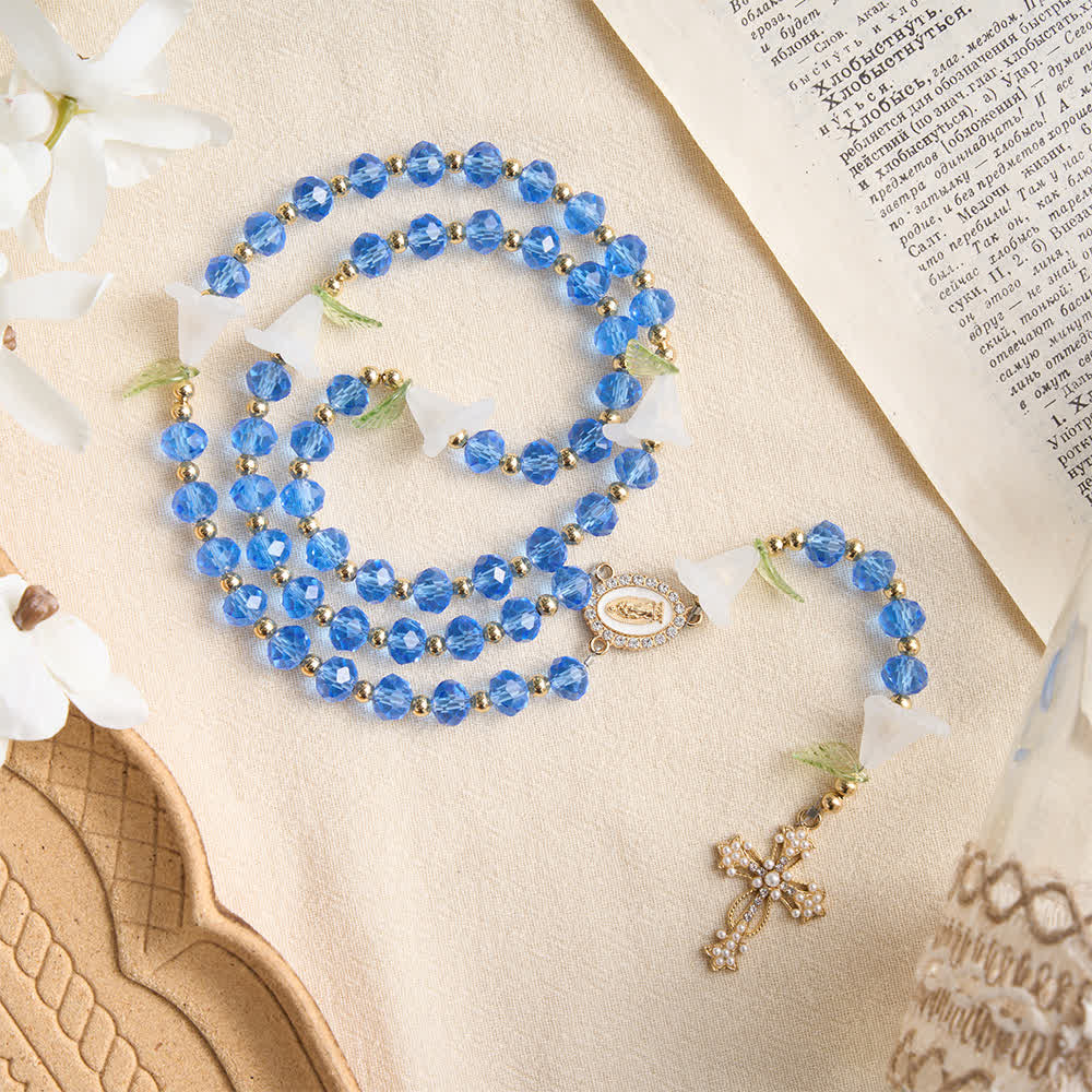 Translucent Blue Glass Lily Rosary With Pearl‑Adorned Cross: Emblem Of Pure Heavenly Serenity