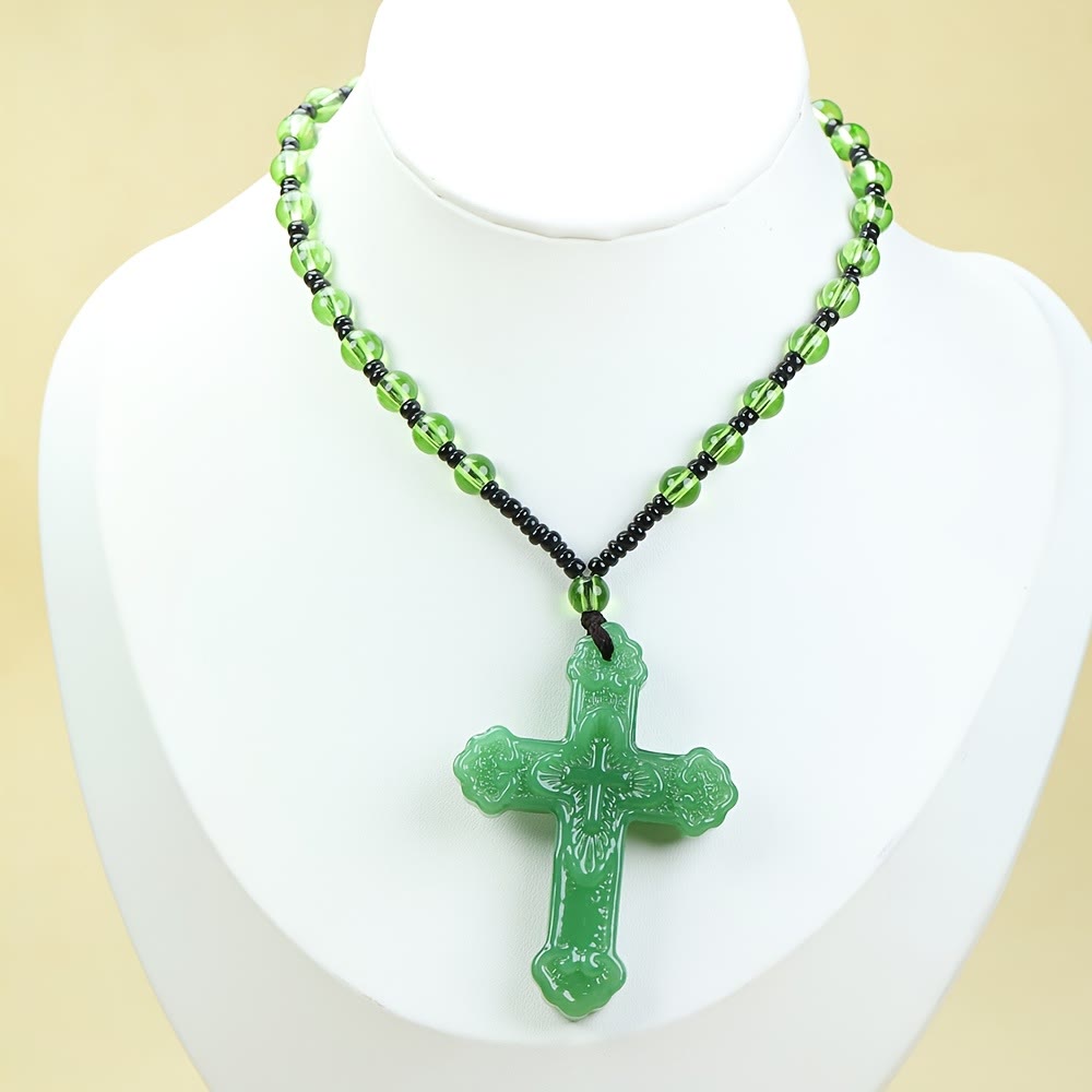 Textured Glass Cross Pendant With Beaded Strand: Emblem of Serene Divine Grace