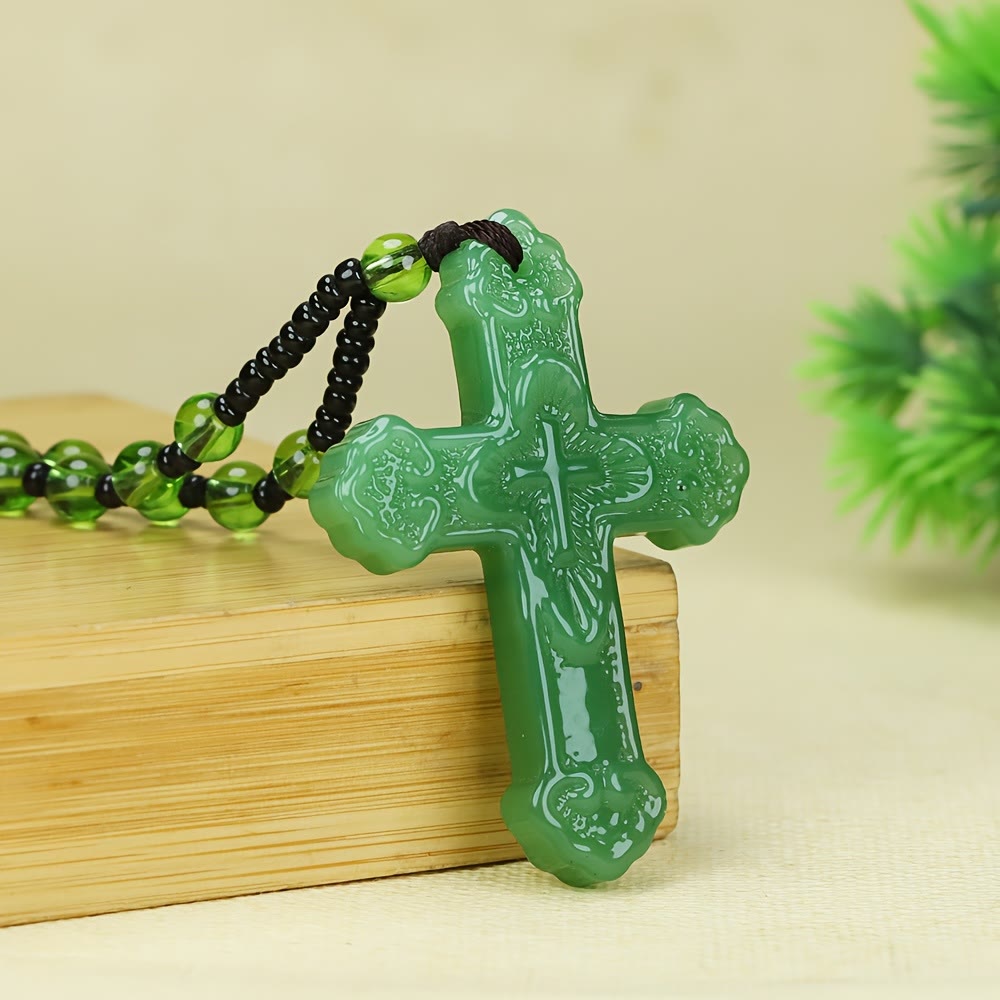 Textured Glass Cross Pendant With Beaded Strand: Emblem of Serene Divine Grace