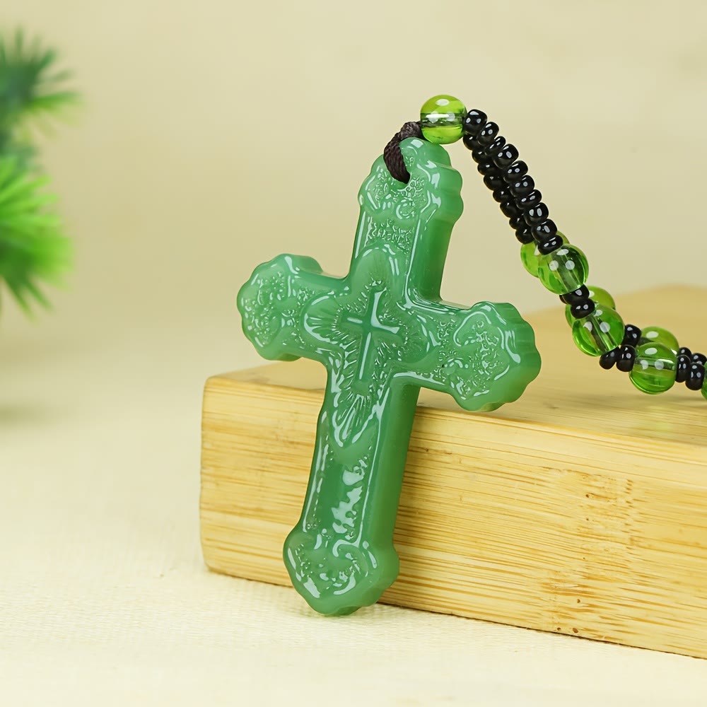 Textured Glass Cross Pendant With Beaded Strand: Emblem of Serene Divine Grace
