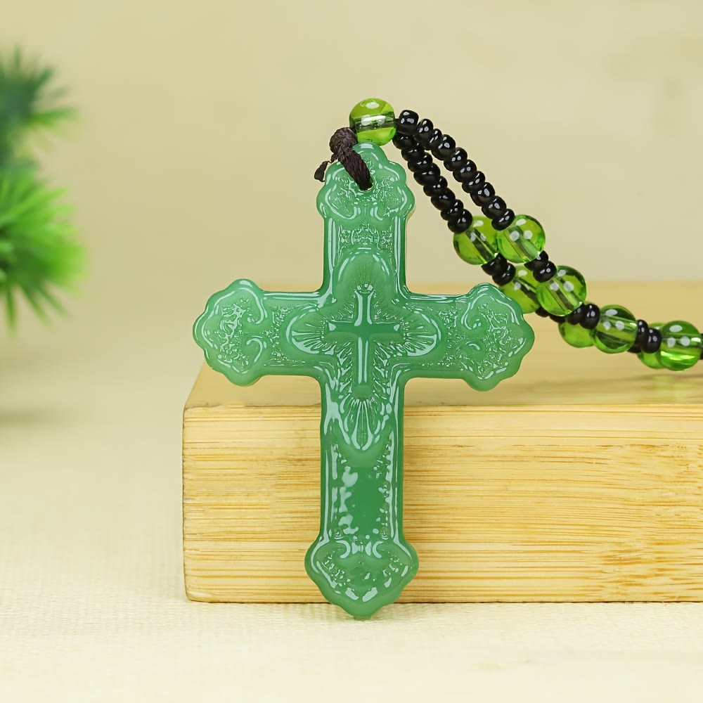 Textured Glass Cross Pendant With Beaded Strand: Emblem of Serene Divine Grace