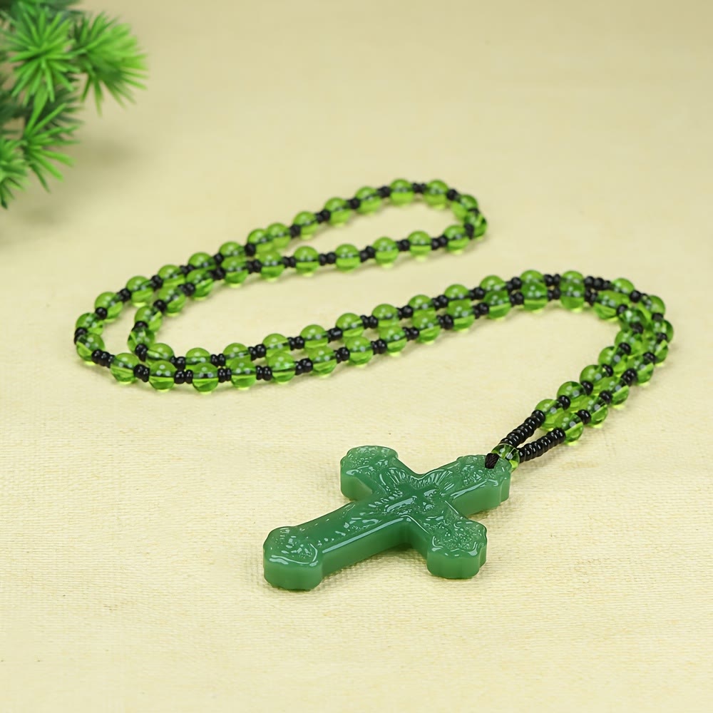 Textured Glass Cross Pendant With Beaded Strand: Emblem of Serene Divine Grace