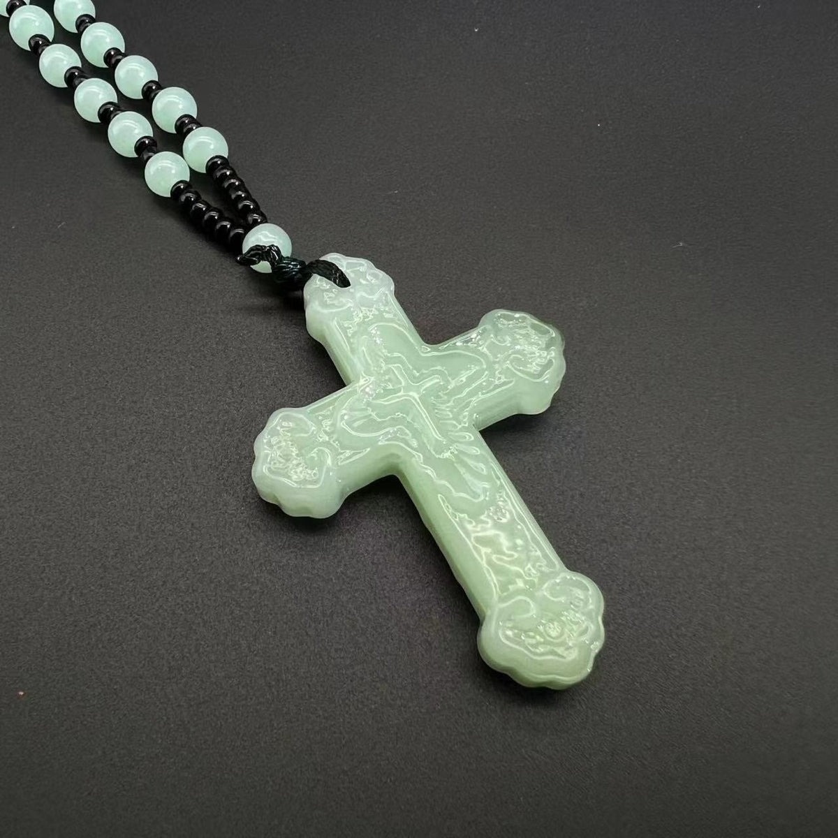 Textured Glass Cross Pendant With Beaded Strand: Emblem of Serene Divine Grace
