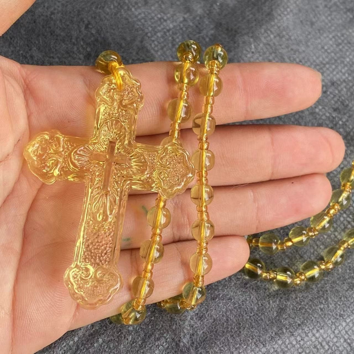 Textured Glass Cross Pendant With Beaded Strand: Emblem of Serene Divine Grace