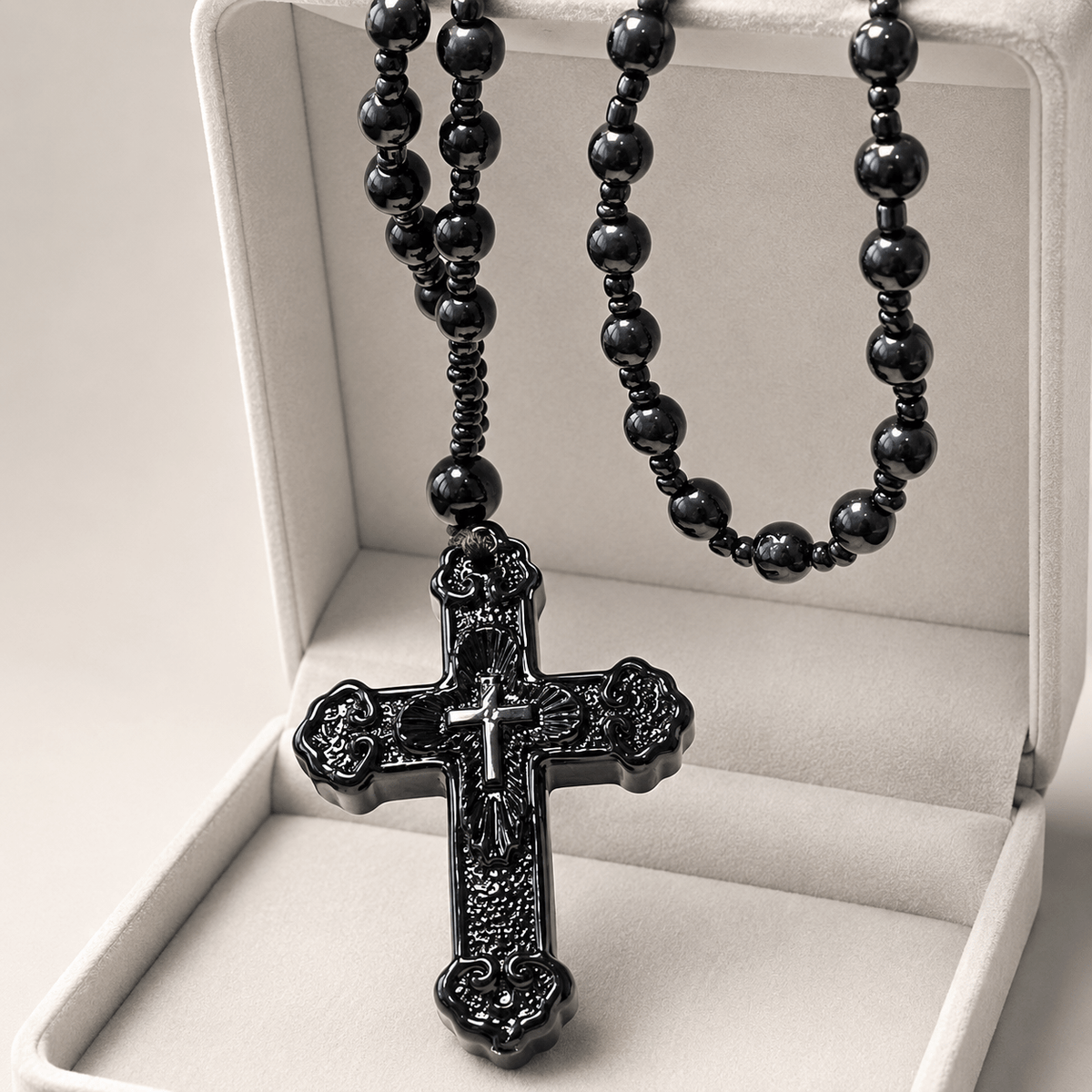 Textured Glass Cross Pendant With Beaded Strand: Emblem of Serene Divine Grace