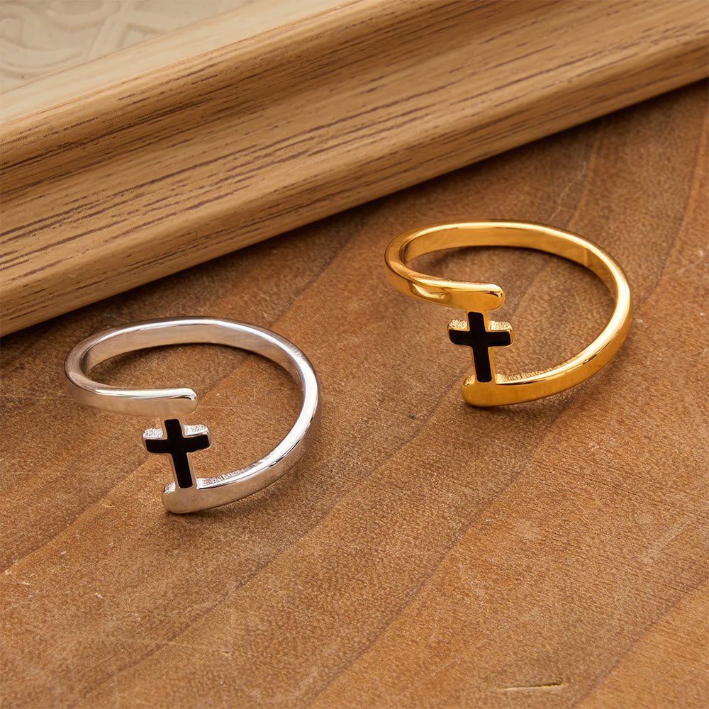 Curved Frame Black Inlay Cross Ring: Token of Enduring Celestial Guidance