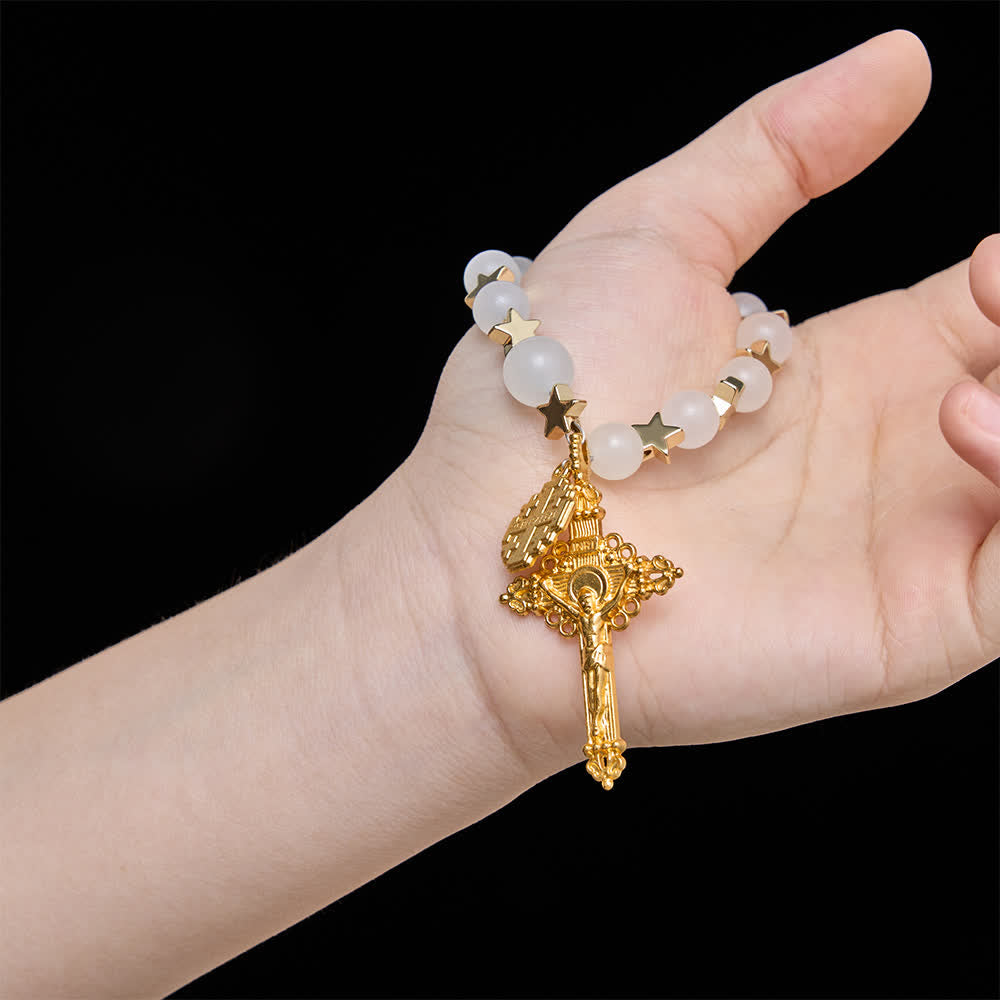 Star‑Spaced White Crystal Pocket Rosary With Jerusalem Cross Crucifix: Token Of Gentle Divine Shelter