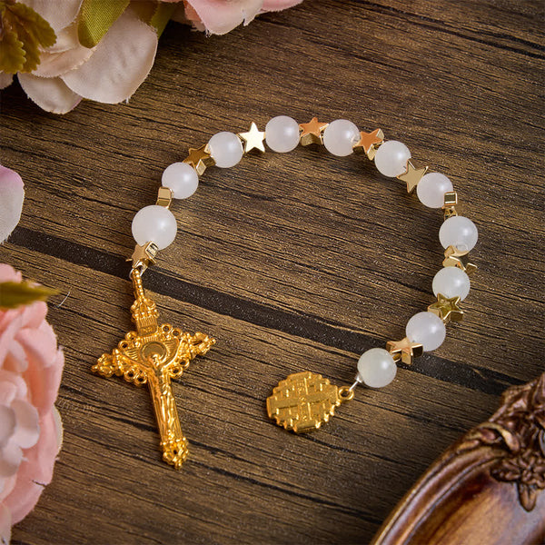 Star‑Spaced White Crystal Pocket Rosary With Jerusalem Cross Crucifix: Token Of Gentle Divine Shelter
