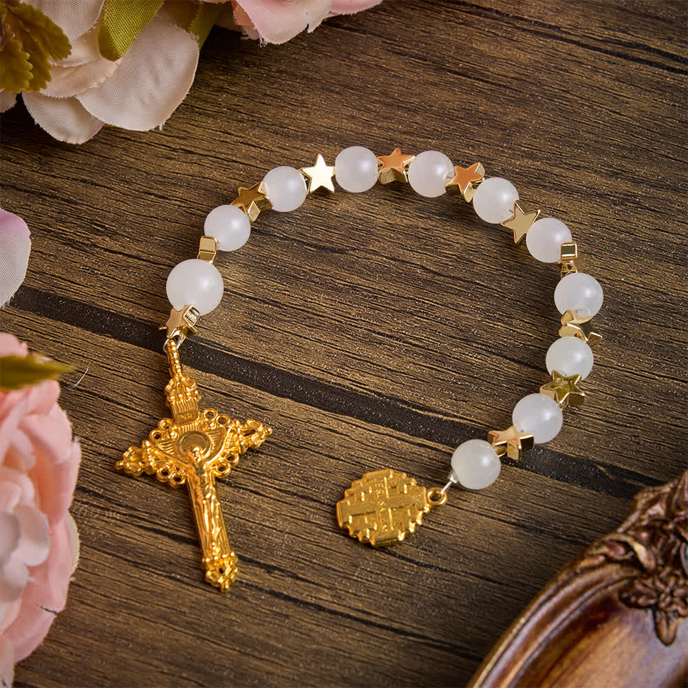 Star‑Spaced White Crystal Pocket Rosary With Jerusalem Cross Crucifix: Token Of Gentle Divine Shelter
