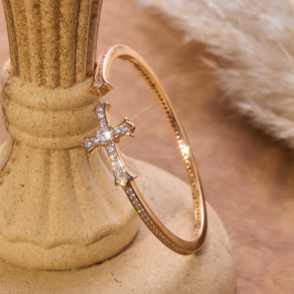 Slim Paved Stone Cross Cuff Bangle: Emblem of Soft Divine Serenity
