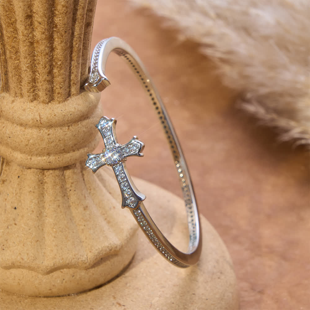 Slim Paved Stone Cross Cuff Bangle: Emblem of Soft Divine Serenity