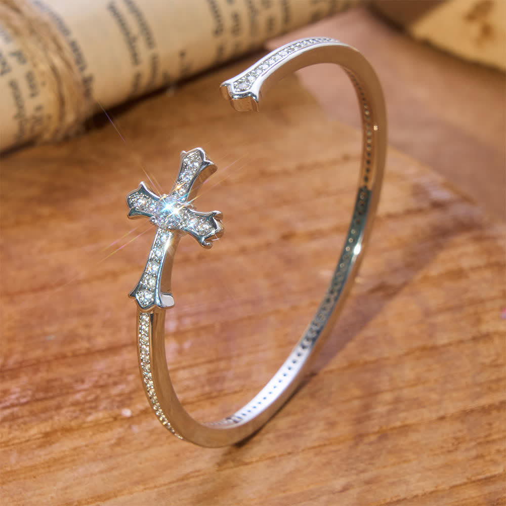 Slim Paved Stone Cross Cuff Bangle: Emblem of Soft Divine Serenity