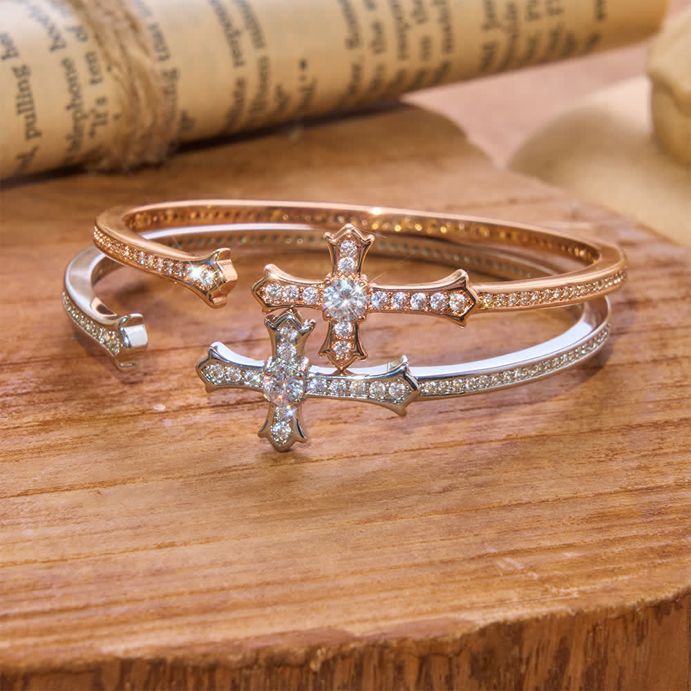 Slim Paved Stone Cross Cuff Bangle: Emblem of Soft Divine Serenity