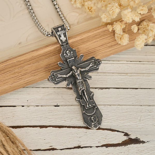 Embossed Figure Crucifix Pendant Necklace: Token of Abiding Sacred Shelter