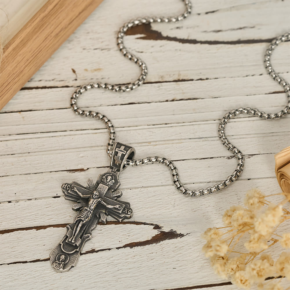 Embossed Figure Crucifix Pendant Necklace: Token of Abiding Sacred Shelter