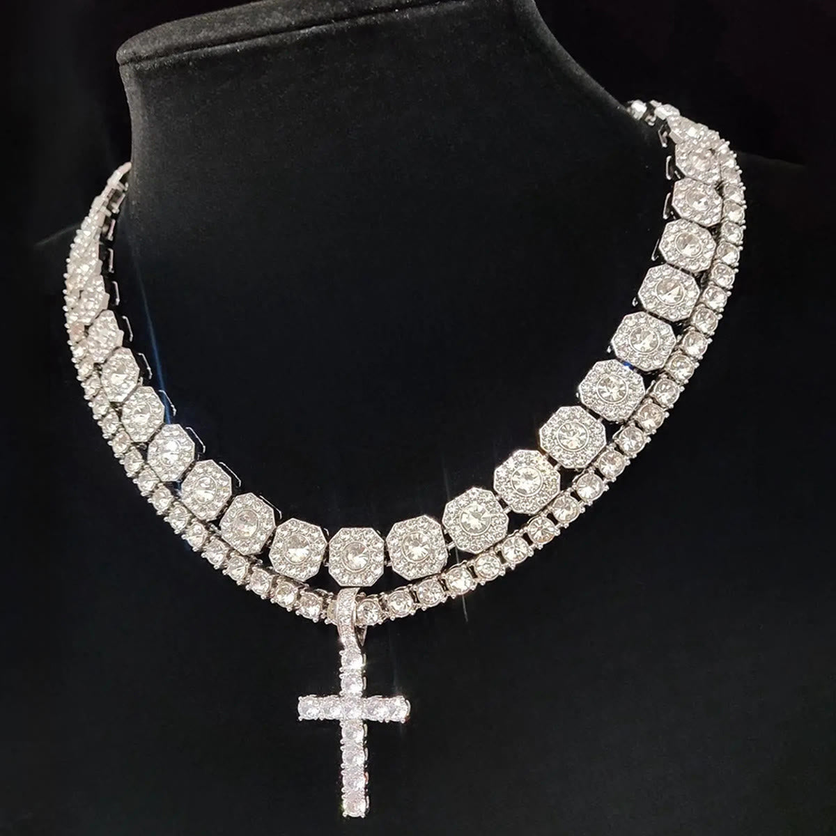 Dual Layer Iced Out Cross Necklace: Emblem of Radiant Heavenly Blessing