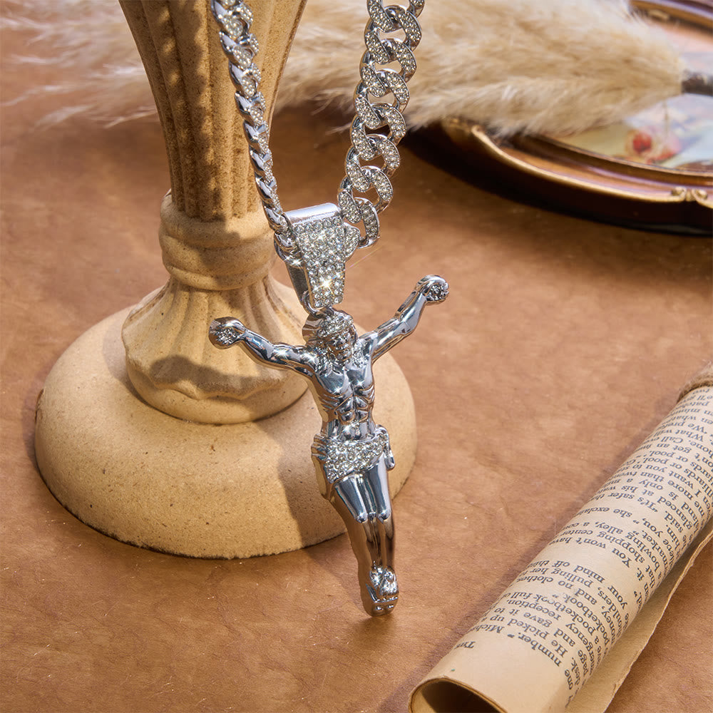 Bold Textured Crucifix Statement Curb Chain: Token of Radiant Sacred Shelter