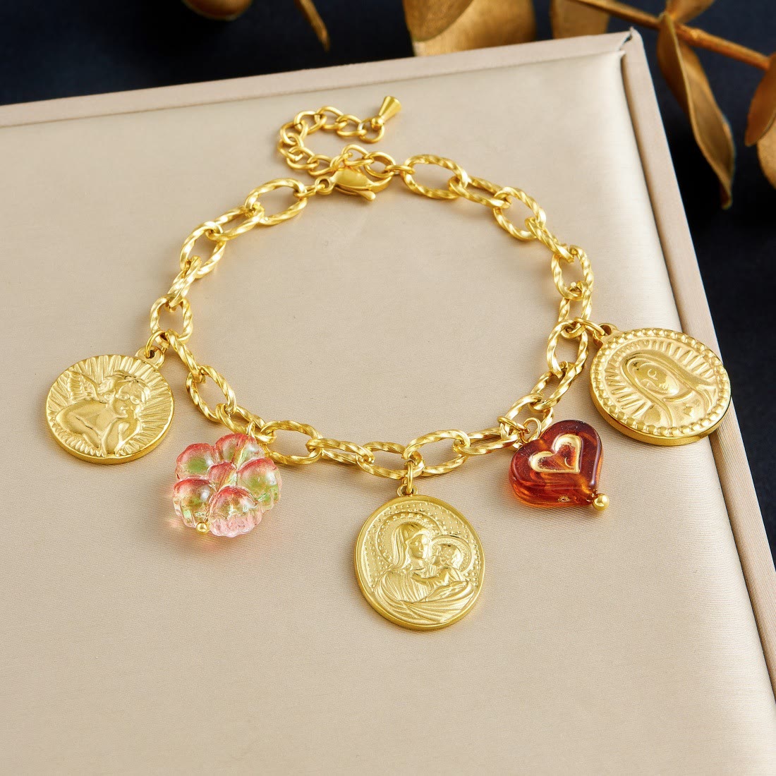 Ornate Virgin Mary & Cherub Portrait Chain Set: Symbol of Peaceful Celestial Guidance