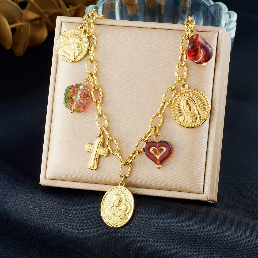 Ornate Virgin Mary & Cherub Portrait Chain Set: Symbol of Peaceful Celestial Guidance