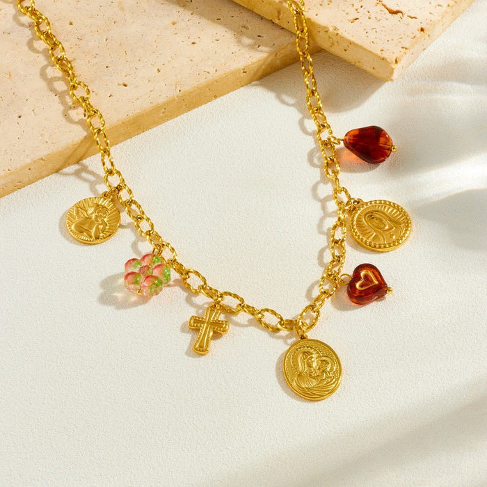 Ornate Virgin Mary & Cherub Portrait Chain Set: Symbol of Peaceful Celestial Guidance