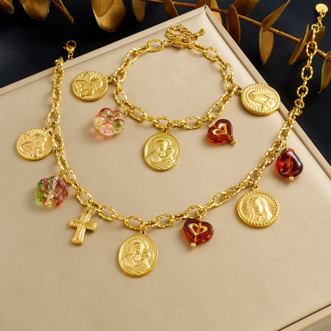 Ornate Virgin Mary & Cherub Portrait Chain Set: Symbol of Peaceful Celestial Guidance