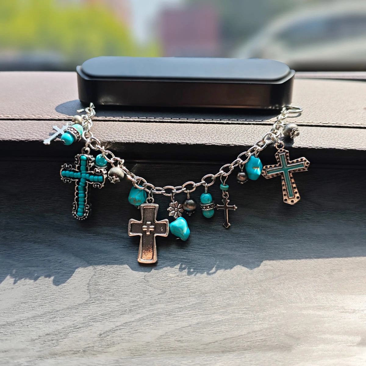 Timeless Bohemian Cross Bead Bracelet & Car Charm: Token of Enduring Heavenly Peace