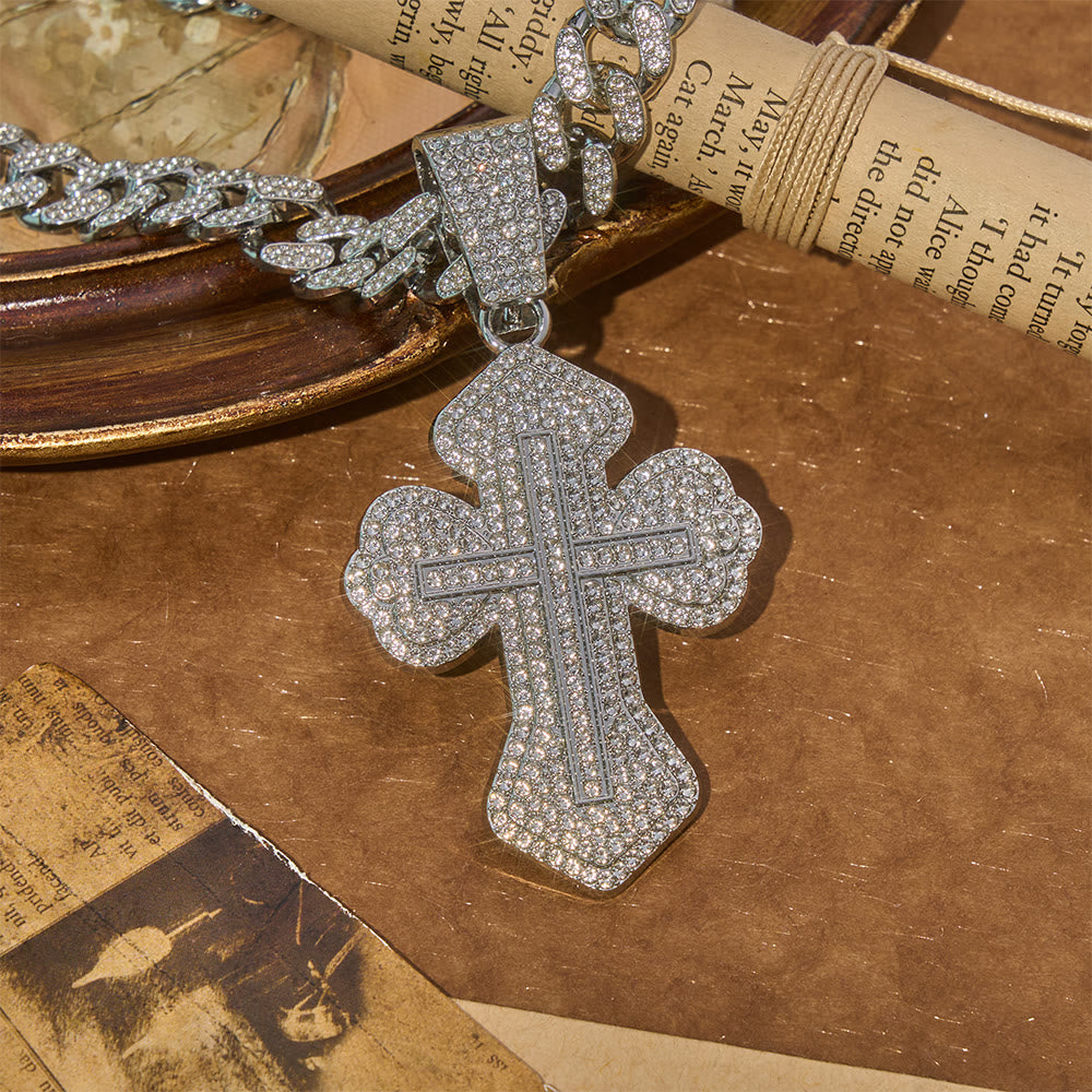 Chunky Sparkle Floral Cross Necklace: Symbol of Sturdy Sacred Protection