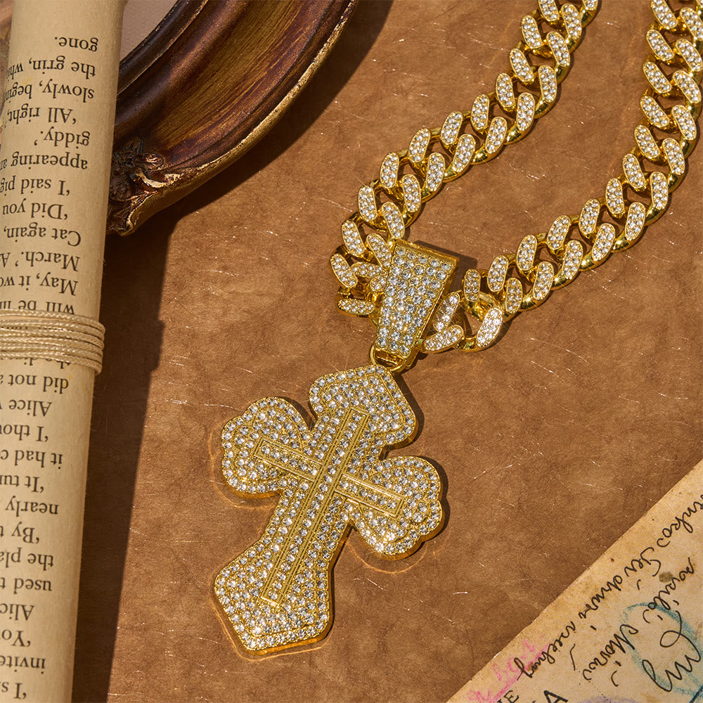 Chunky Sparkle Floral Cross Necklace: Symbol of Sturdy Sacred Protection
