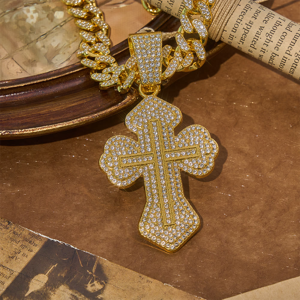 Chunky Sparkle Floral Cross Necklace: Symbol of Sturdy Sacred Protection