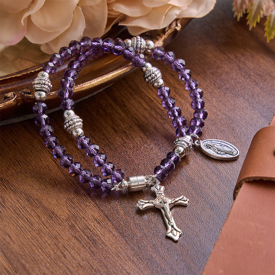 Dainty Polished Crystal Bead Guadalupe Crucifix Bracelet: Bearer of Enduring Sacred Grace