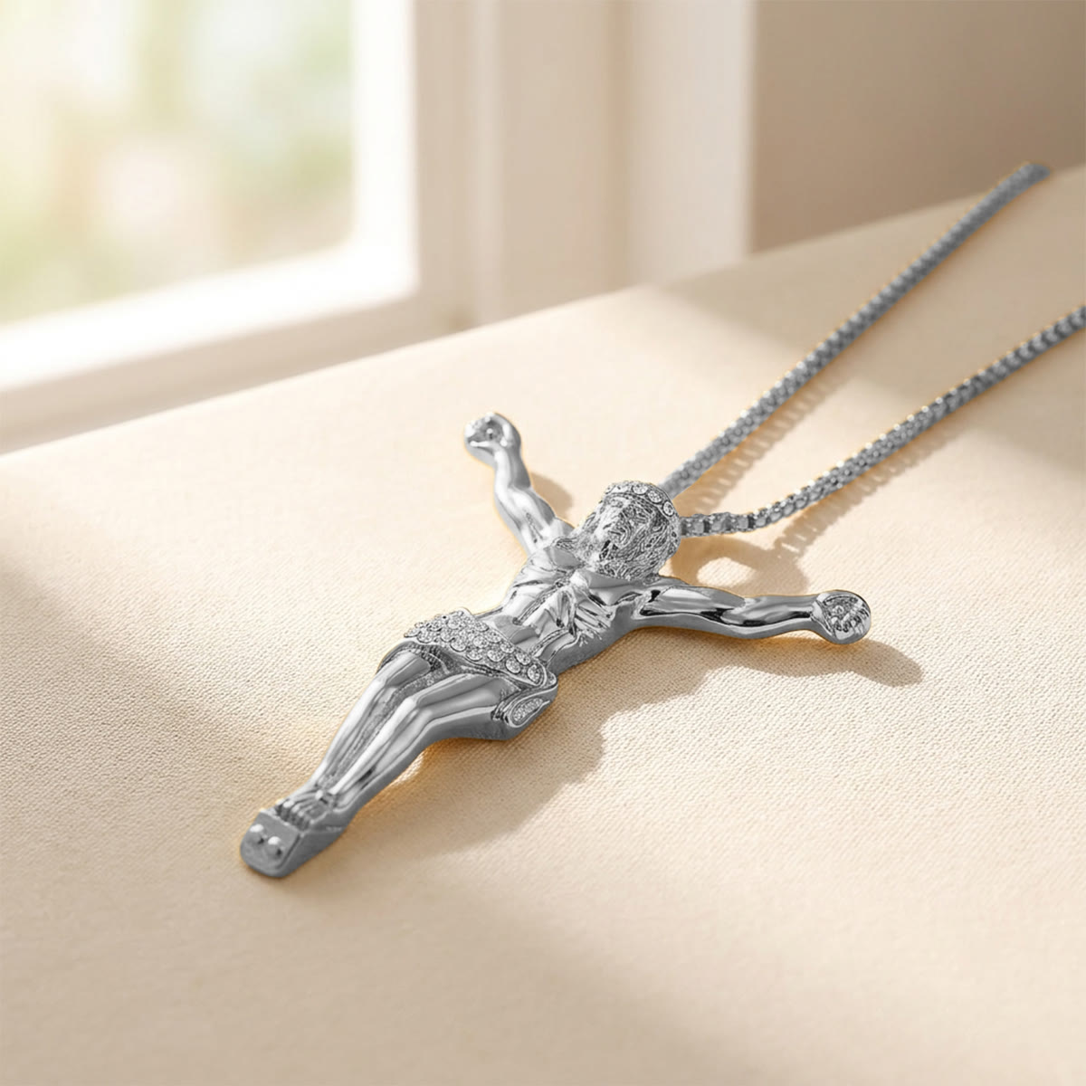 Sparkling Jesus Crucifix Chain Necklace: Sign of Gentle Celestial Shelter