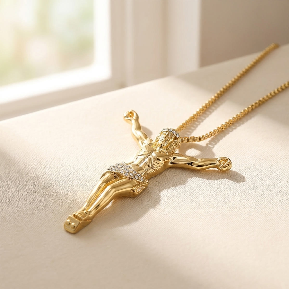 Sparkling Jesus Crucifix Chain Necklace: Sign of Gentle Celestial Shelter