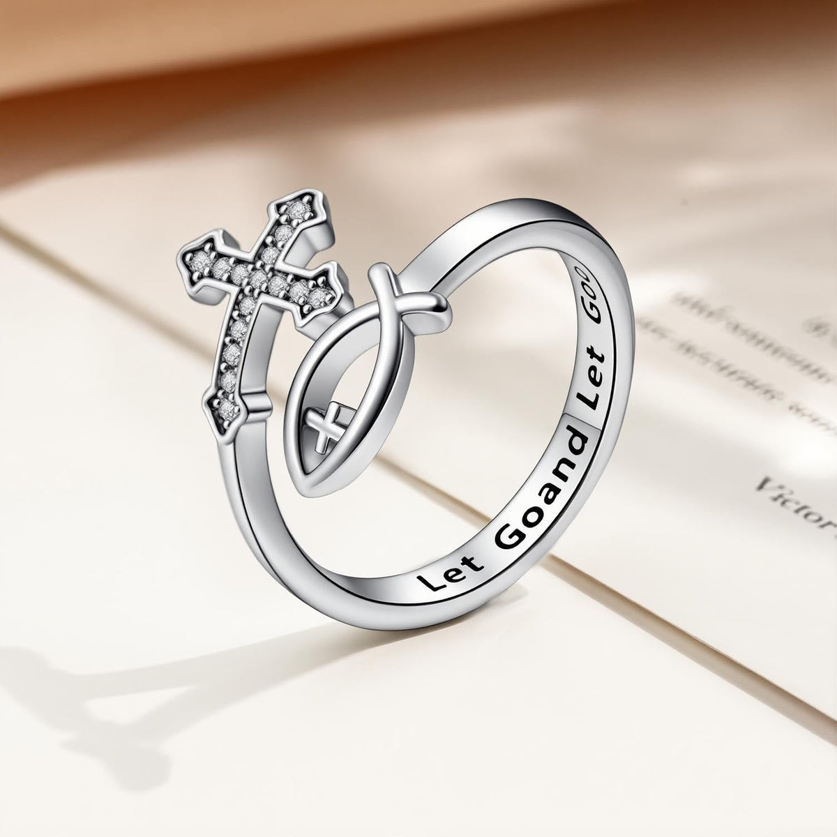 Inlaid Stone Cross Ichthys Adjustable Ring: Token of Timeless Divine Peace