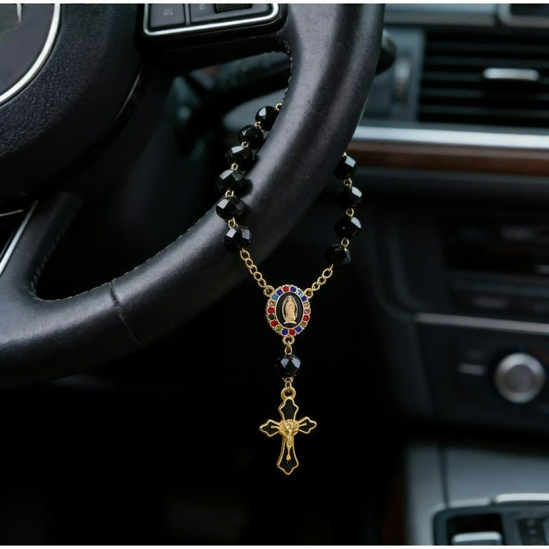 Elegant Enamel Medallion Crucifix Car Rosary: Emblem of Peace‑Filled Sacred Comfort