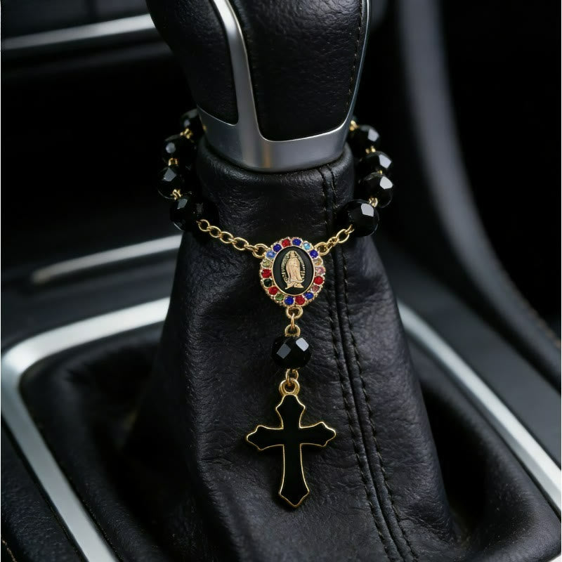 Elegant Enamel Medallion Crucifix Car Rosary: Emblem of Peace‑Filled Sacred Comfort
