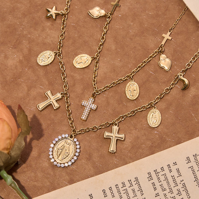 Vintage Mary & Cross Charm Choker Necklace: Emblem of Soft Sacred Radiance