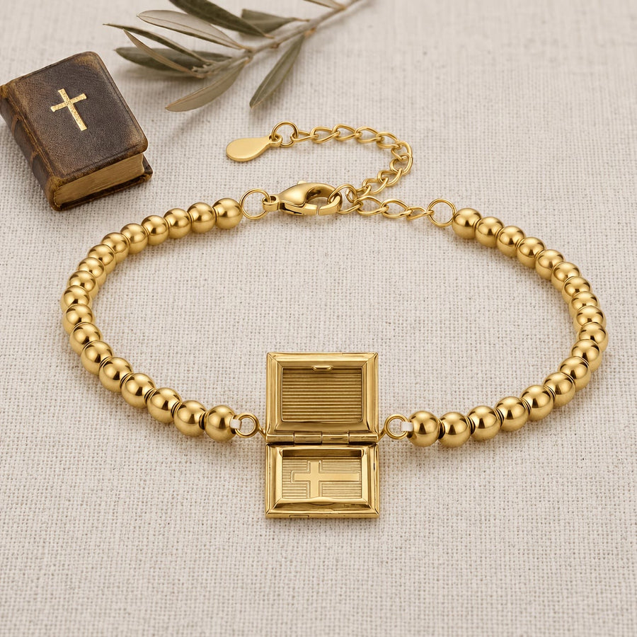 Openable Book‑Shaped Cross Locket Bead Bracelet: Token of Treasured Inner Devotion