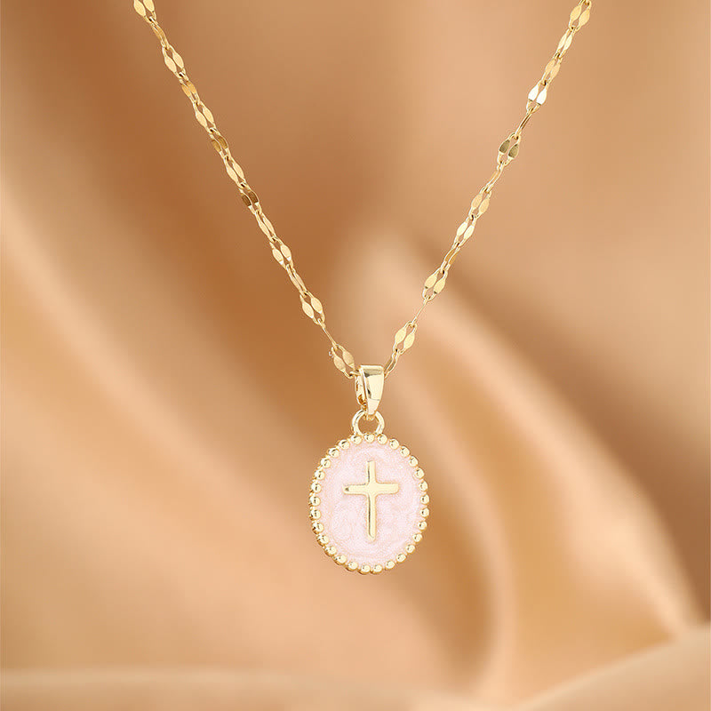 Textured Bezel Enamel Cross Oval Necklace: Symbol of Calm Celestial Serenity