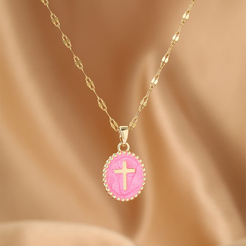 Textured Bezel Enamel Cross Oval Necklace: Symbol of Calm Celestial Serenity