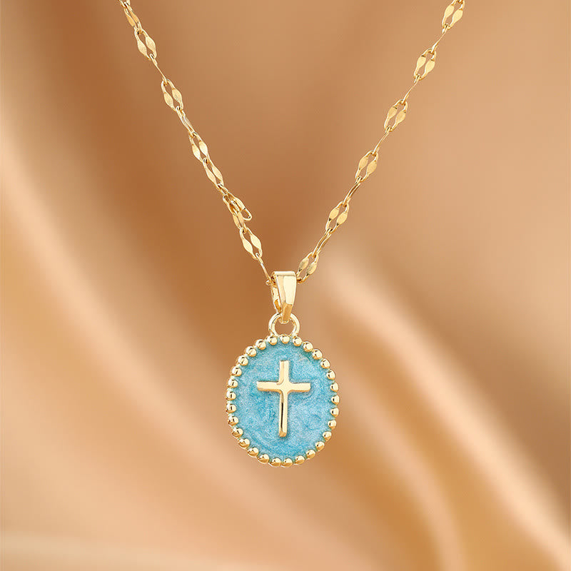 Textured Bezel Enamel Cross Oval Necklace: Symbol of Calm Celestial Serenity