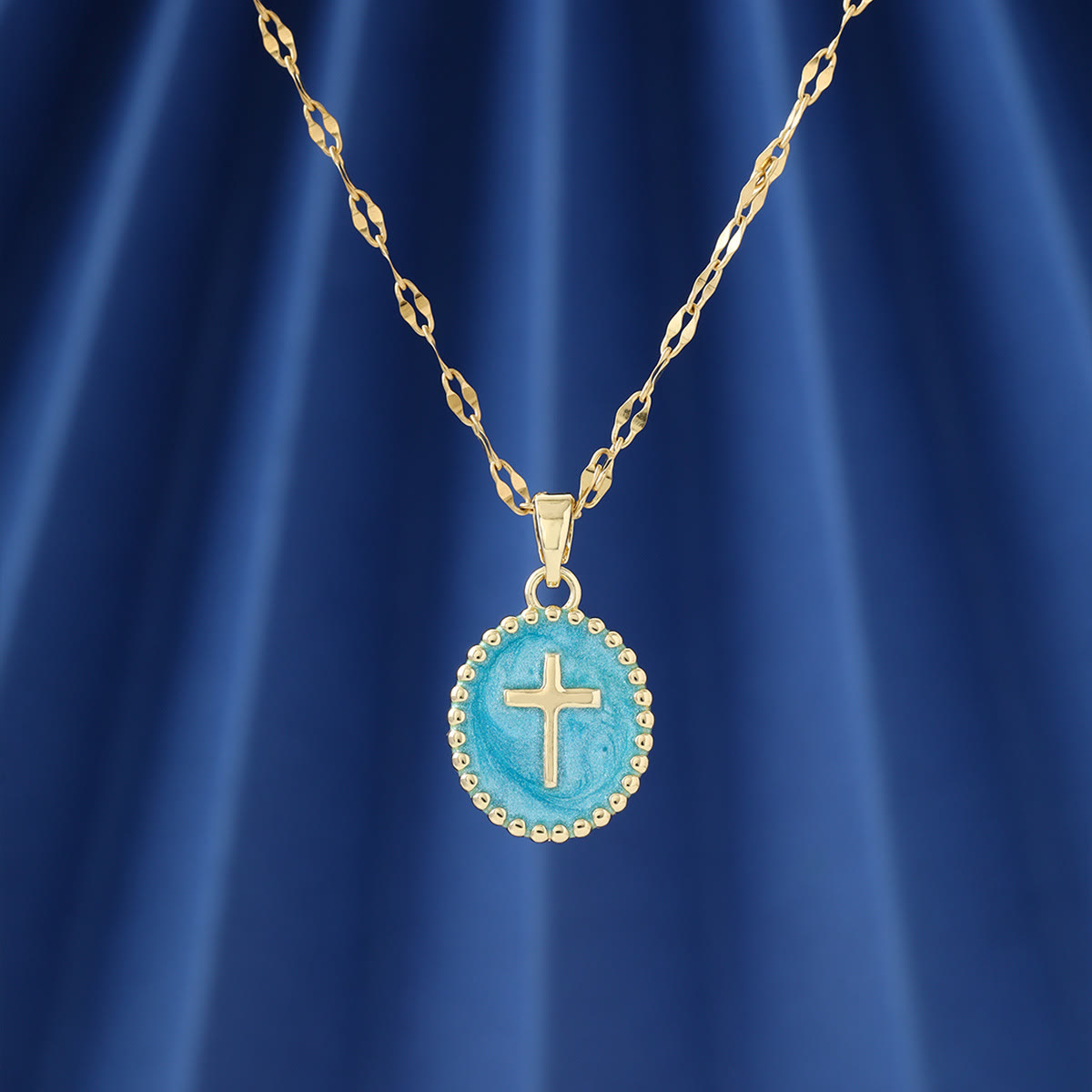Textured Bezel Enamel Cross Oval Necklace: Symbol of Calm Celestial Serenity