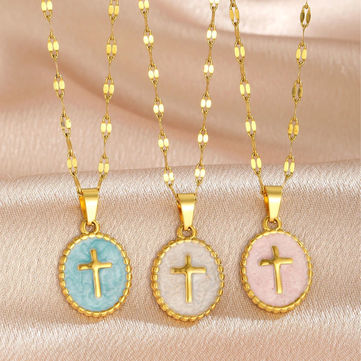 Textured Bezel Enamel Cross Oval Necklace: Symbol of Calm Celestial Serenity