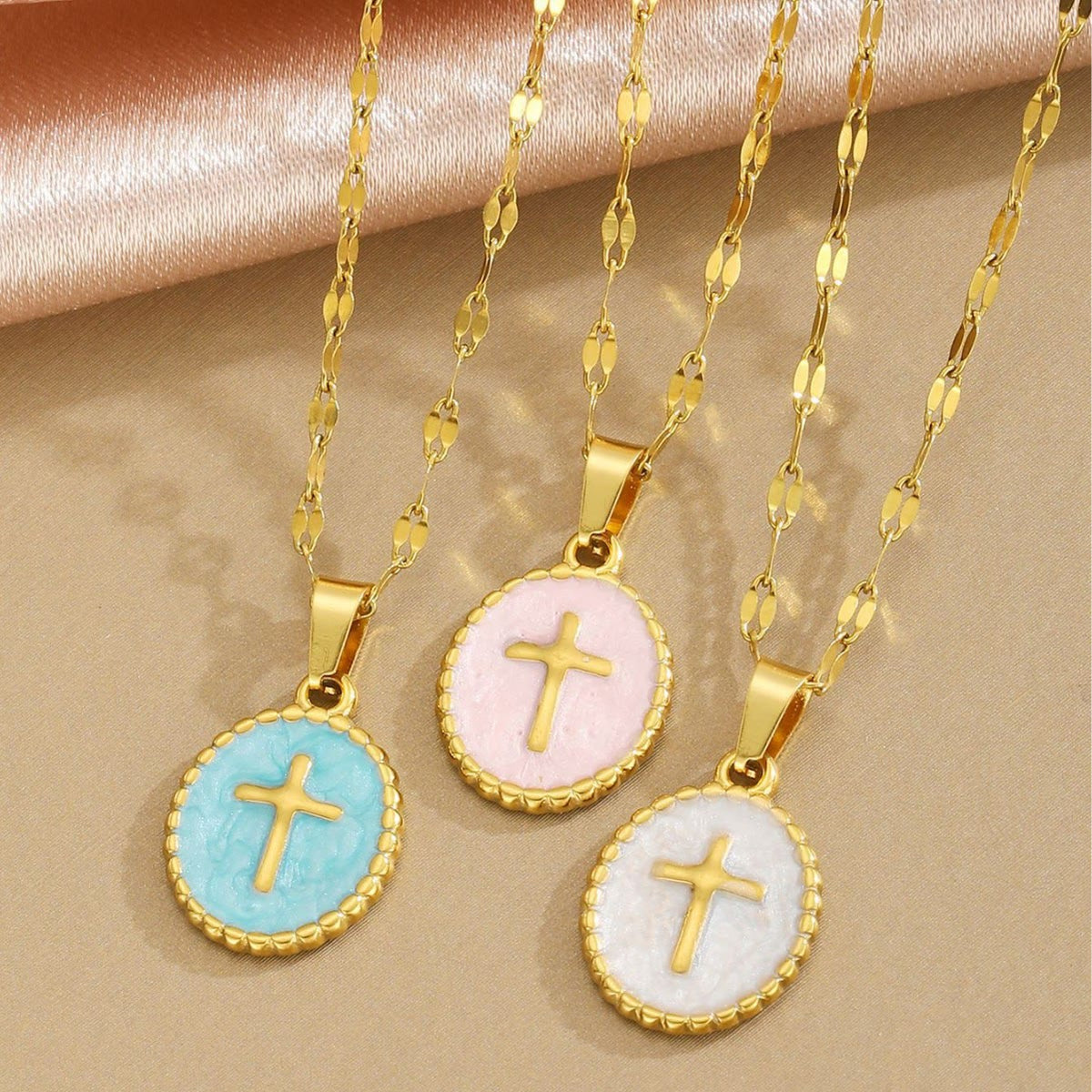 Textured Bezel Enamel Cross Oval Necklace: Symbol of Calm Celestial Serenity