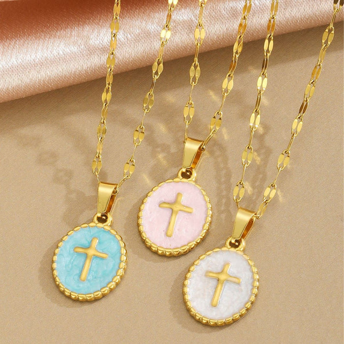 Textured Bezel Enamel Cross Oval Necklace: Symbol of Calm Celestial Serenity