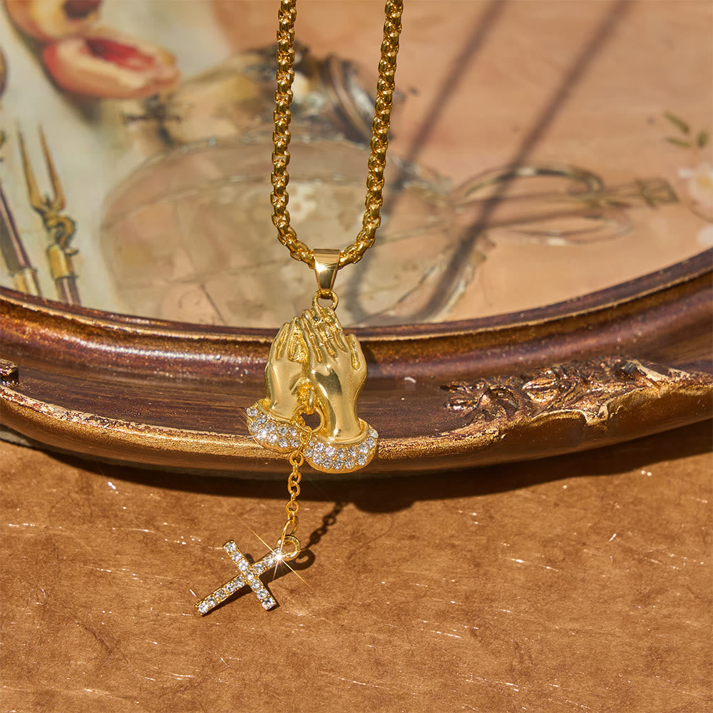 Crystal‑Trimmed Praying Hands Cross Necklace: Symbol of Celestial Peace