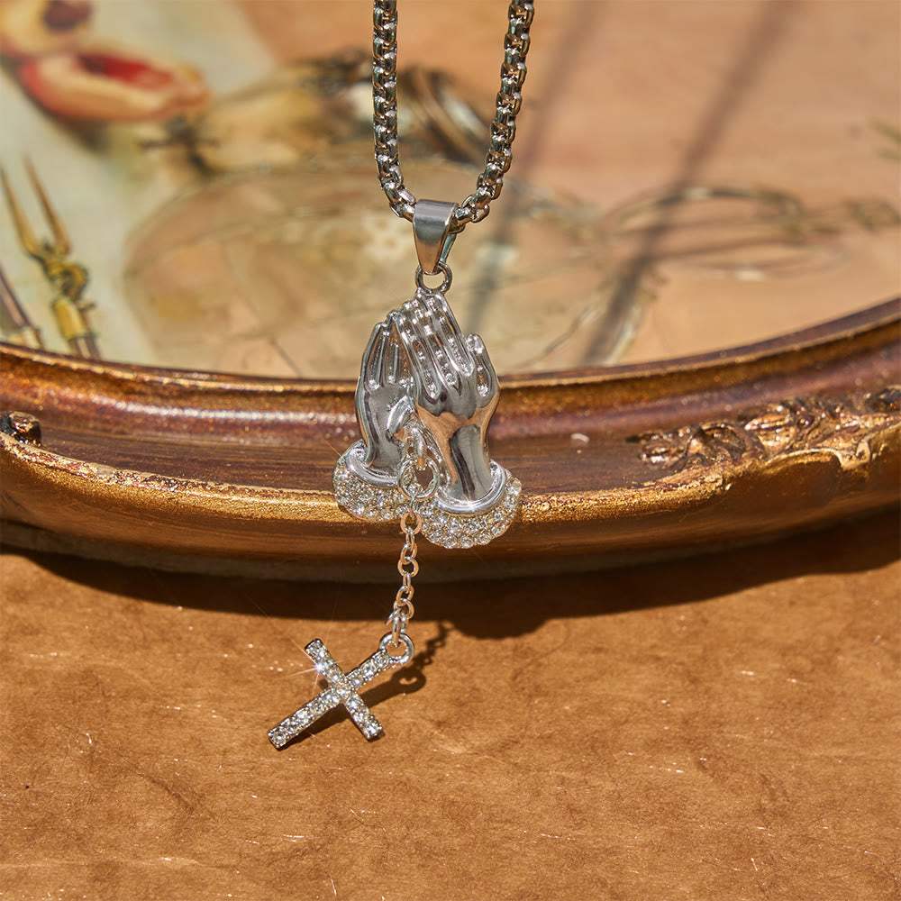 Crystal‑Trimmed Praying Hands Cross Necklace: Symbol of Celestial Peace