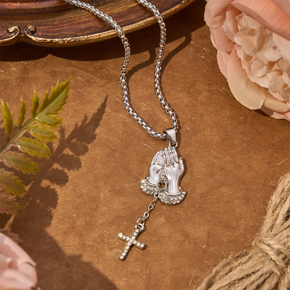 Crystal‑Trimmed Praying Hands Cross Necklace: Symbol of Celestial Peace