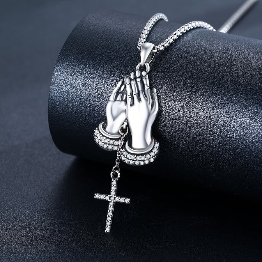 Crystal‑Trimmed Praying Hands Cross Necklace: Symbol of Celestial Peace